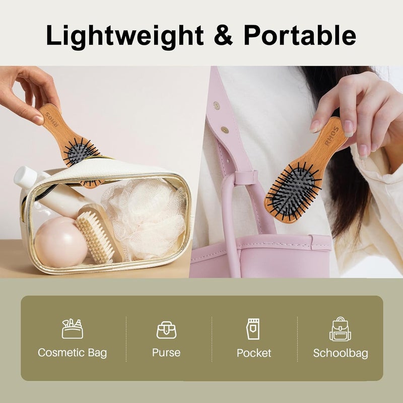 RHOS Mini Hair Brush for Women,Men and Kids-Travel Size Hair Brush for Purse,Pocket,backpack-Small Cushion Paddle Brush with Soft Bristles-Mini Detangler Brush for All Hair Types(1 Pack-Beech) - Image 3